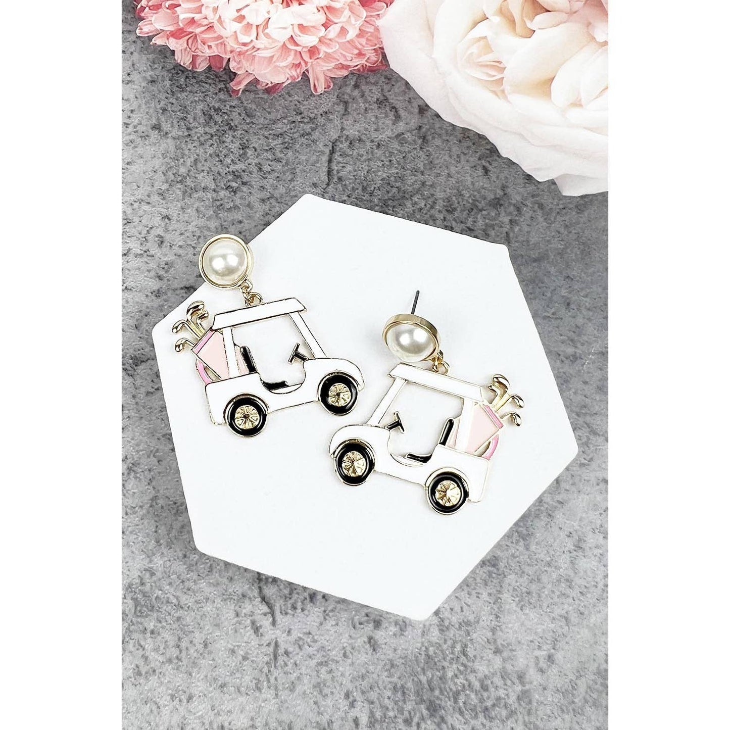 GOLF CART SHAPED WITH PEARL ENAMEL POST EARRING