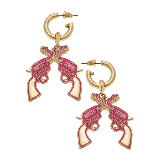 Rodeo Revolvers Enamel Drop Hoop Earrings in Fuchsia