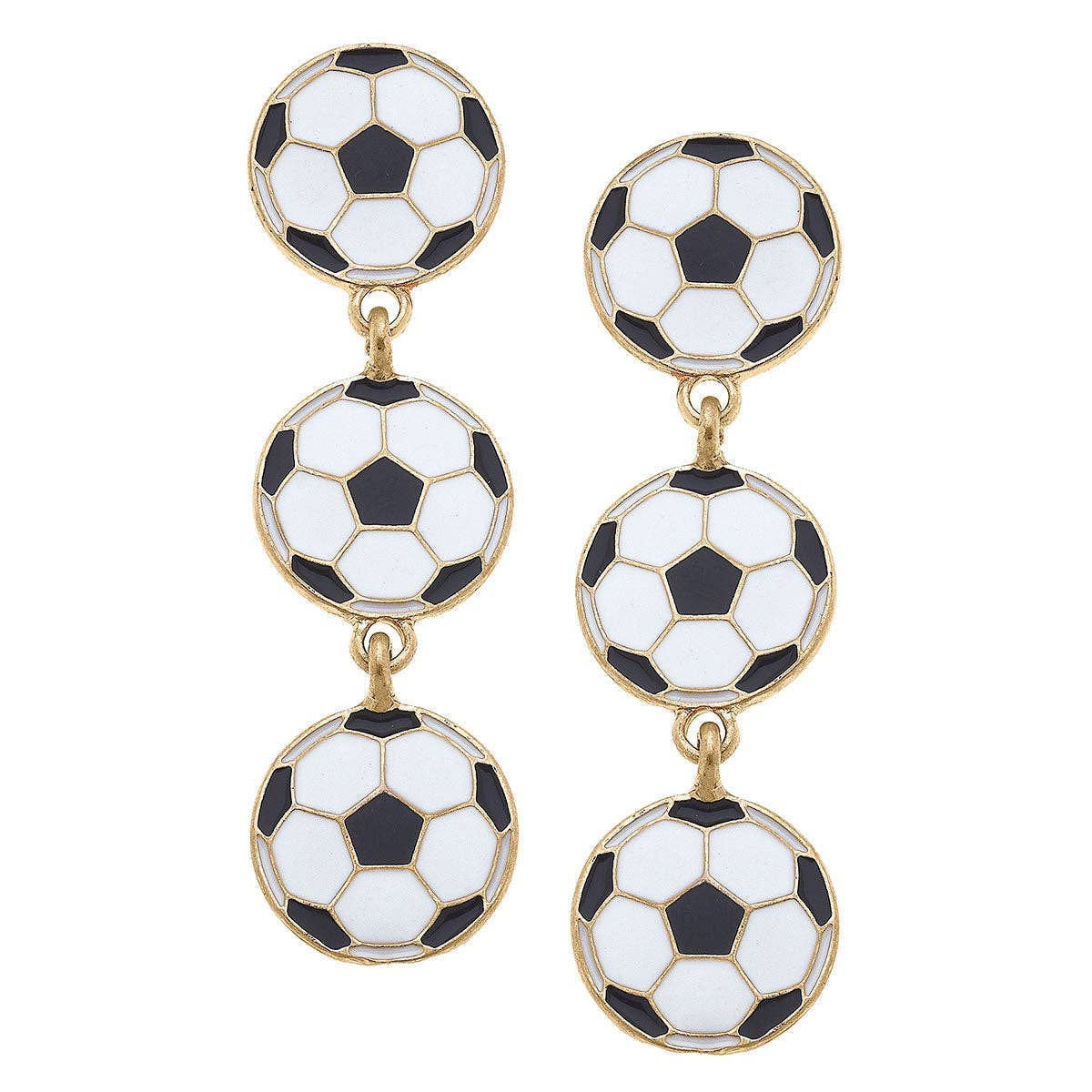 Soccer Ball Triple Drop Enamel Earrings in Black & White