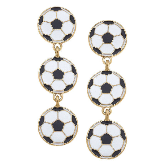 Soccer Ball Triple Drop Enamel Earrings in Black & White
