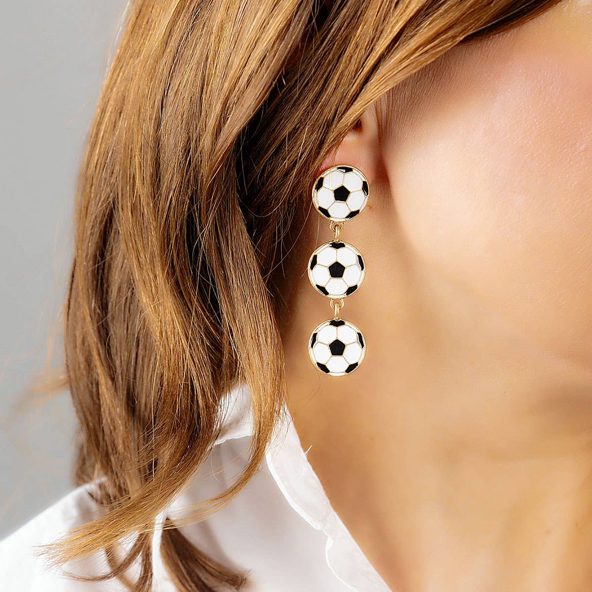Soccer Ball Triple Drop Enamel Earrings in Black & White