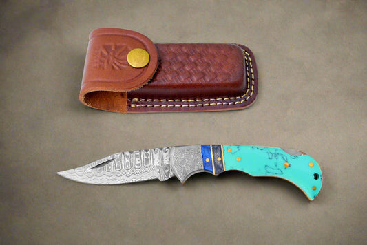 Damascus Steel Pocket Knife Turquoise Resin TF-059 - Limited Run