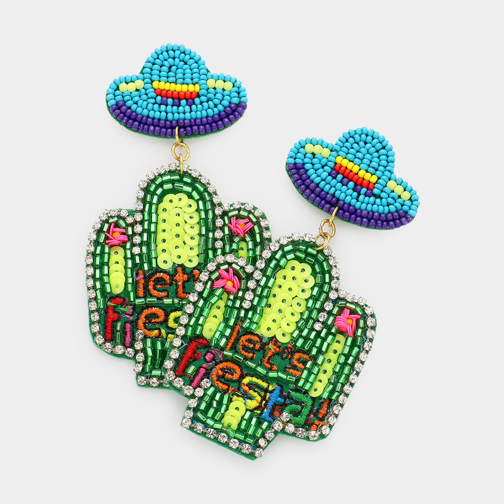 Let's Fiesta! Green Sequin Beaded Cactus Dangle Earrings