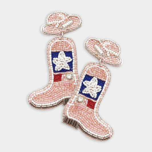 Texas Pink Cowboy Boots Beaded Dangle Earrings