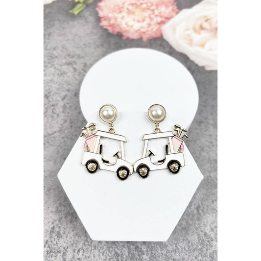 GOLF CART SHAPED WITH PEARL ENAMEL POST EARRING