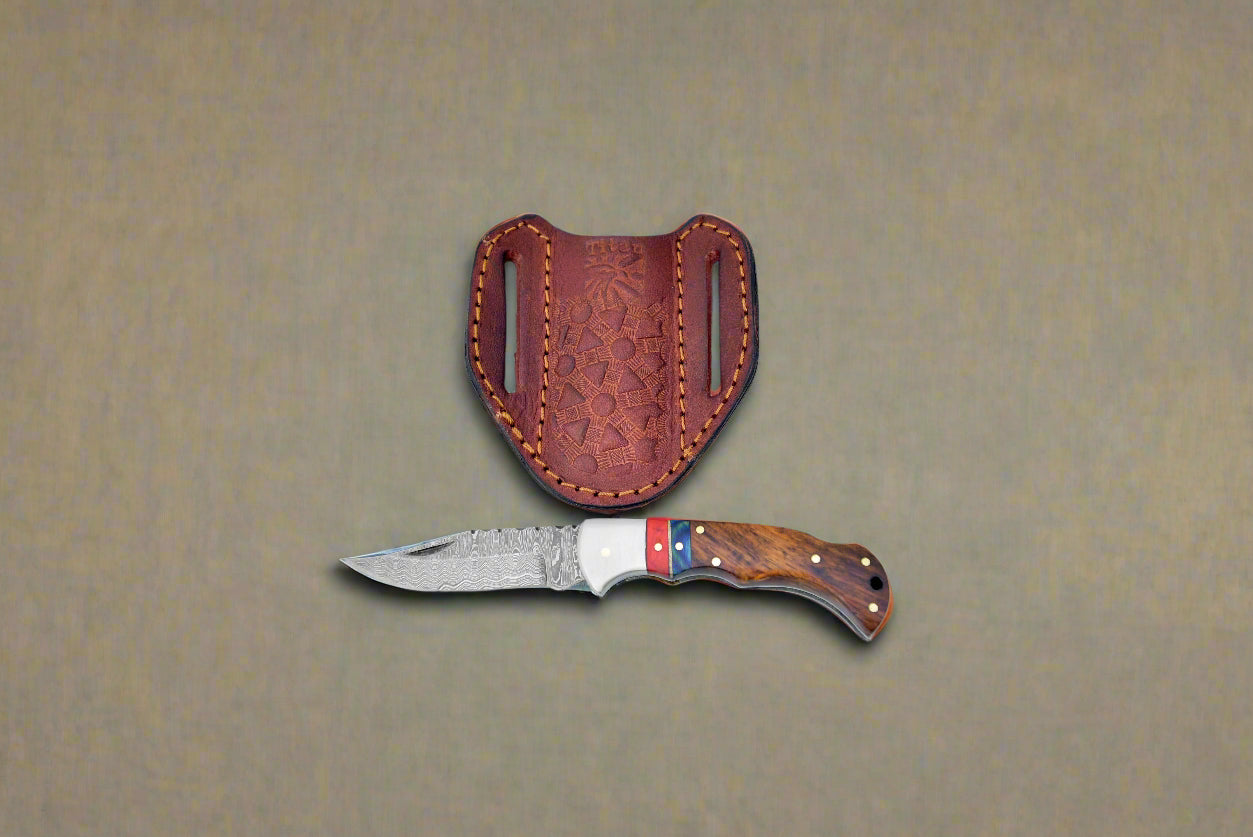 Damascus steel pocket knife Limited Run Walnut Wood and Diamond Wood