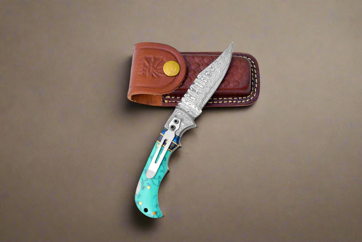 Damascus Steel Pocket Knife Turquoise Resin TF-059 - Limited Run