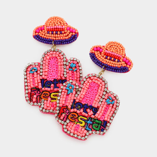 Let's Fiesta! Pink Sequin Beaded Cactus Dangle Earrings